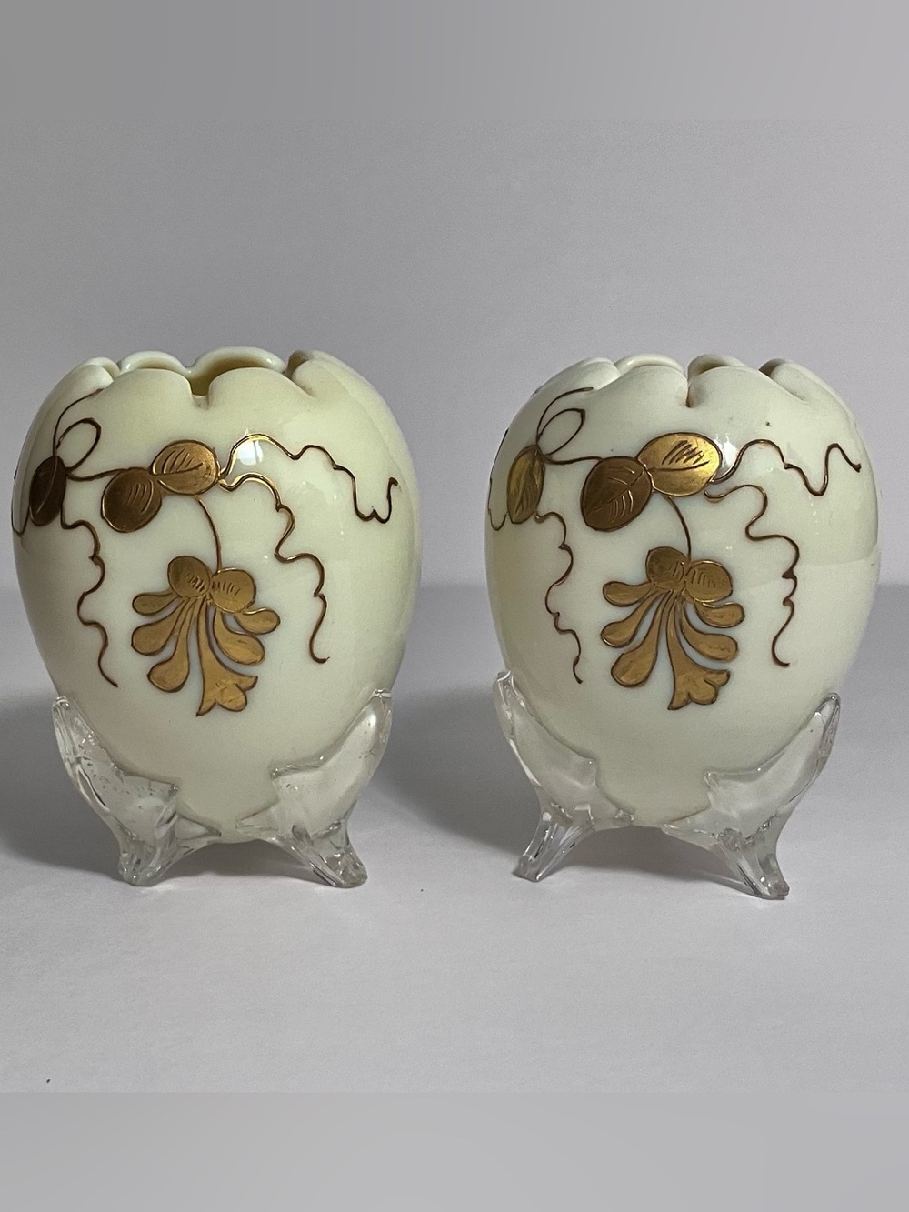 Damaged THOMAS WEBB & SONS Egg-Shaped POSEY VASES / Rare URANIUM-VASELINE GLASS